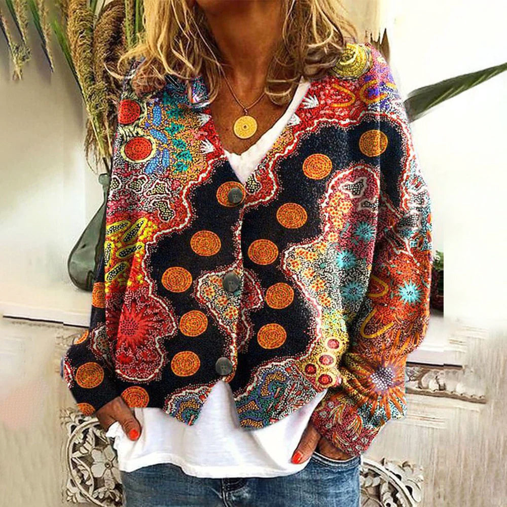 Bohemian Dream Cardigan til kvinder - Livlig flerfarvet V-hals sweater med knapper i blødt, strækbart stof