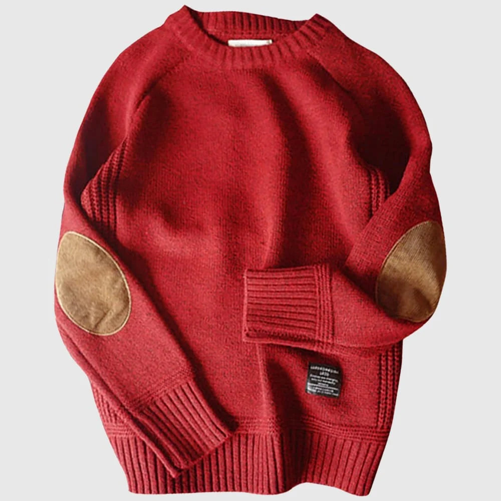 Boston Wool Haven sweater til mænd - Elegant rund hals med corduroy albuebeskyttere, varm uld-bomuldsblanding