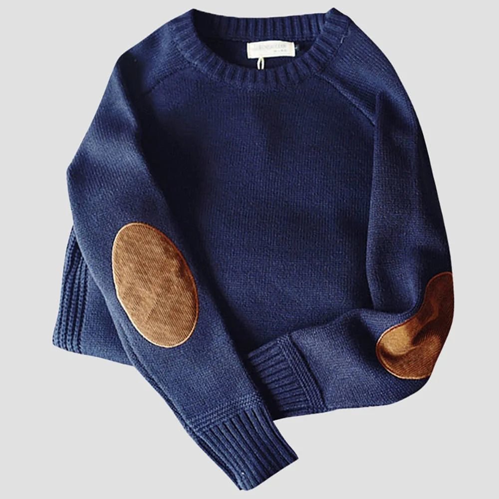 Boston Wool Haven sweater til mænd - Elegant rund hals med corduroy albuebeskyttere, varm uld-bomuldsblanding