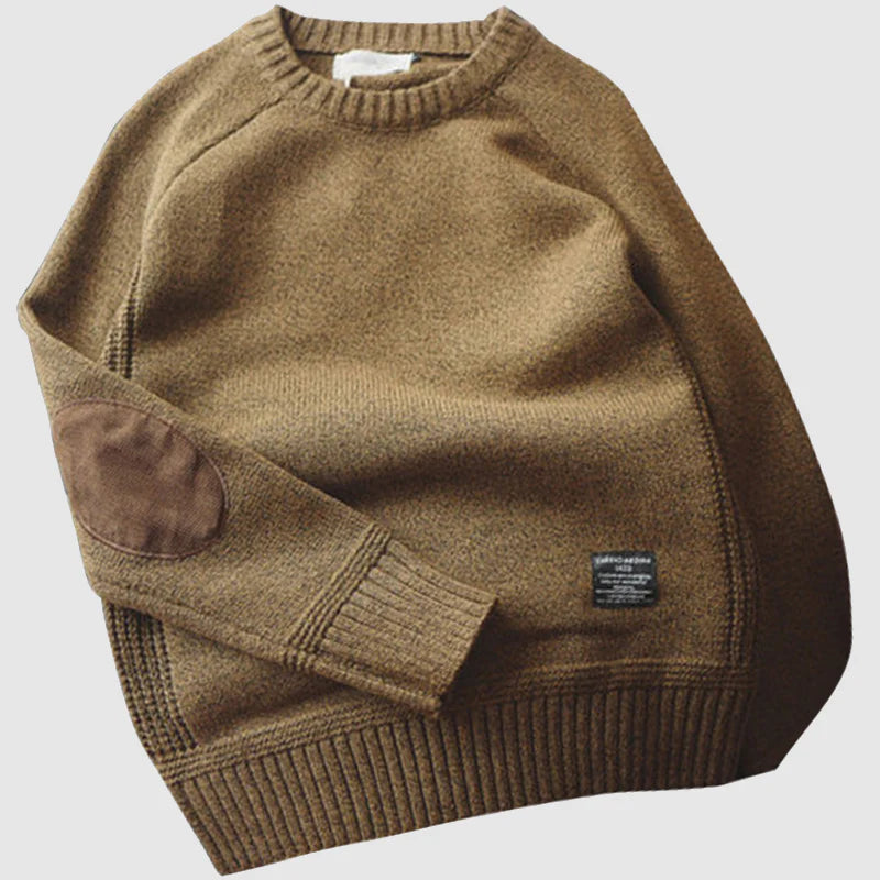 Boston Wool Haven sweater til mænd - Elegant rund hals med corduroy albuebeskyttere, varm uld-bomuldsblanding