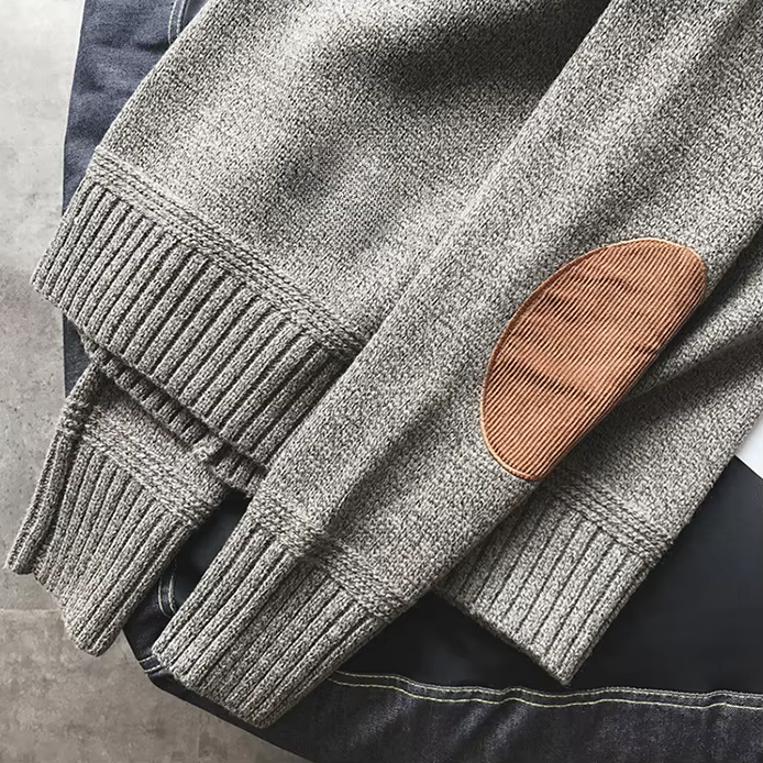 Boston Wool Haven sweater til mænd - Elegant rund hals med corduroy albuebeskyttere, varm uld-bomuldsblanding