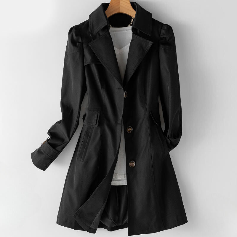 Elegant sort trenchcoat til kvinder – Premium bomulds- og polyblanding, stilfuld krave med revers, knaplukning, tidløst design