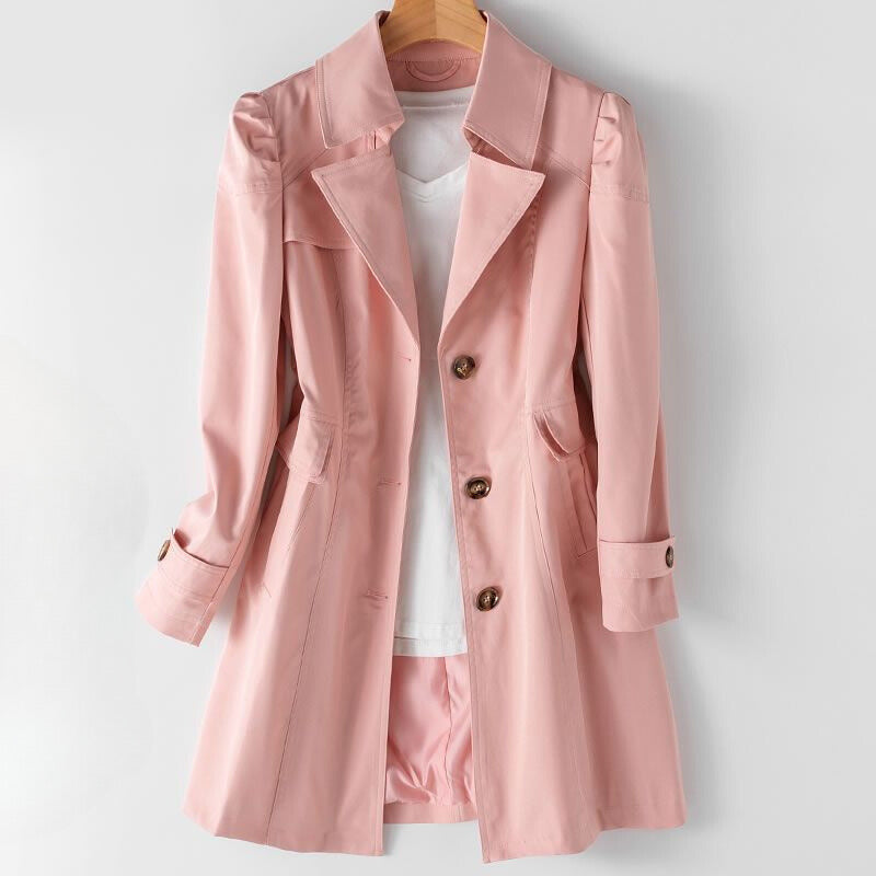Elegant sort trenchcoat til kvinder – Premium bomulds- og polyblanding, stilfuld krave med revers, knaplukning, tidløst design