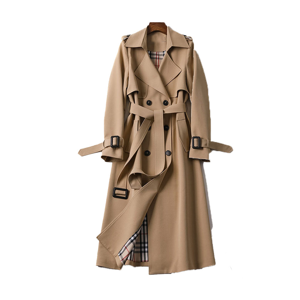 Elegant dobbeltradet trenchcoat til damer – Lang sort frakke til kvinder med justerbar taljebånd og premiumstof