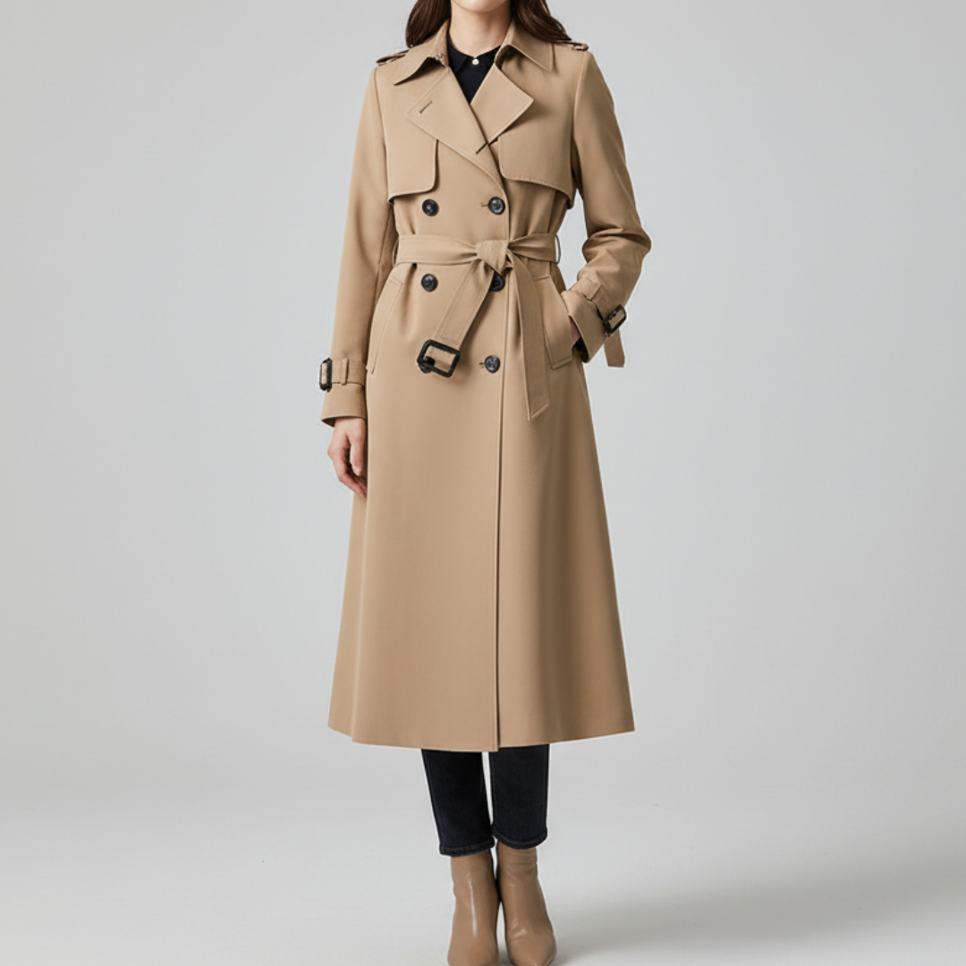 Elegant dobbeltradet trenchcoat til damer – Lang sort frakke til kvinder med justerbar taljebånd og premiumstof