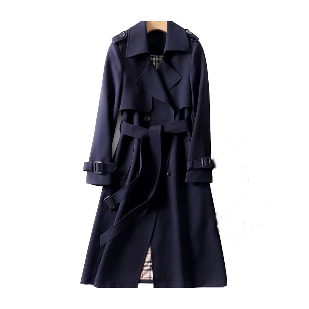 Elegant dobbeltradet trenchcoat til damer – Lang sort frakke til kvinder med justerbar taljebånd og premiumstof