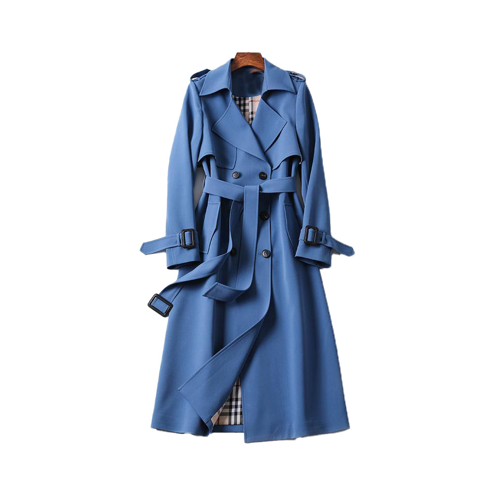 Elegant dobbeltradet trenchcoat til damer – Lang sort frakke til kvinder med justerbar taljebånd og premiumstof