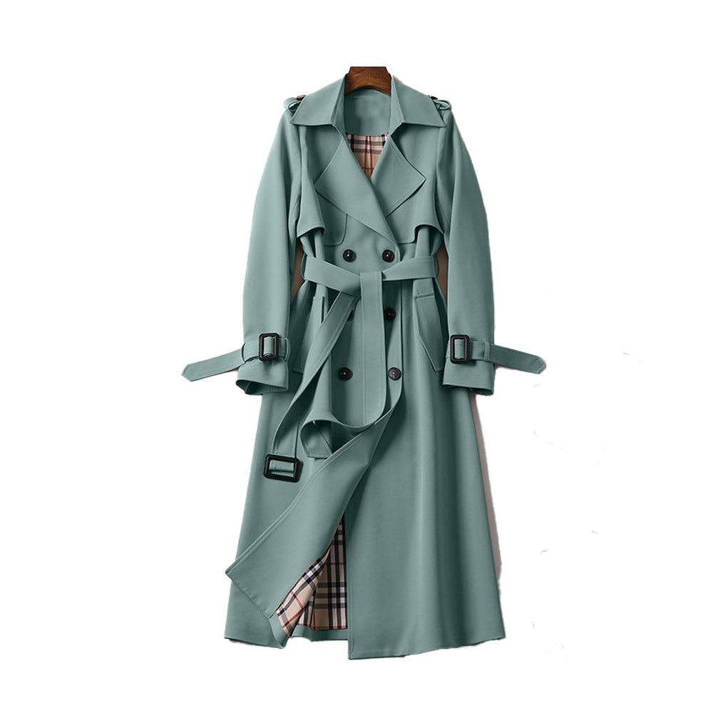 Elegant dobbeltradet trenchcoat til damer – Lang sort frakke til kvinder med justerbar taljebånd og premiumstof