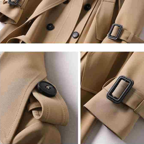 Elegant dobbeltradet trenchcoat til damer – Lang sort frakke til kvinder med justerbar taljebånd og premiumstof