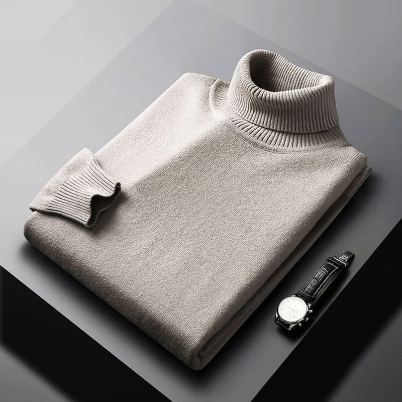 Herretrøje i uldblanding med rullekrave – Klassisk langærmet pullover med ribkant i ærmer og kant