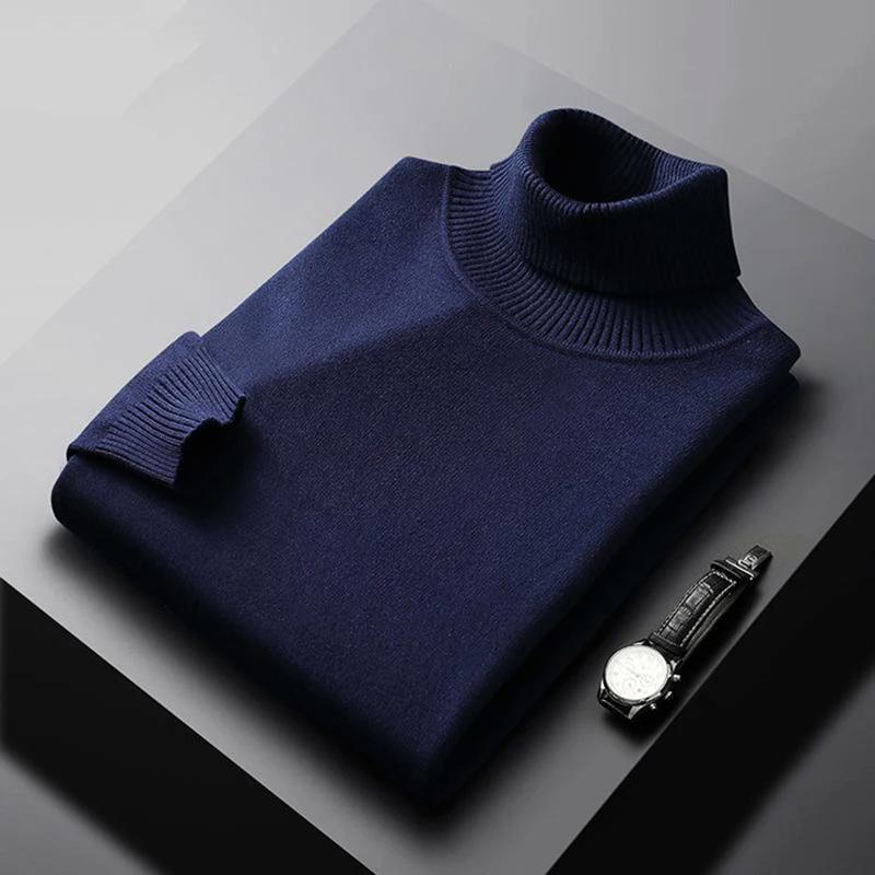 Herretrøje i uldblanding med rullekrave – Klassisk langærmet pullover med ribkant i ærmer og kant