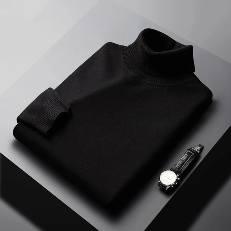 Herretrøje i uldblanding med rullekrave – Klassisk langærmet pullover med ribkant i ærmer og kant