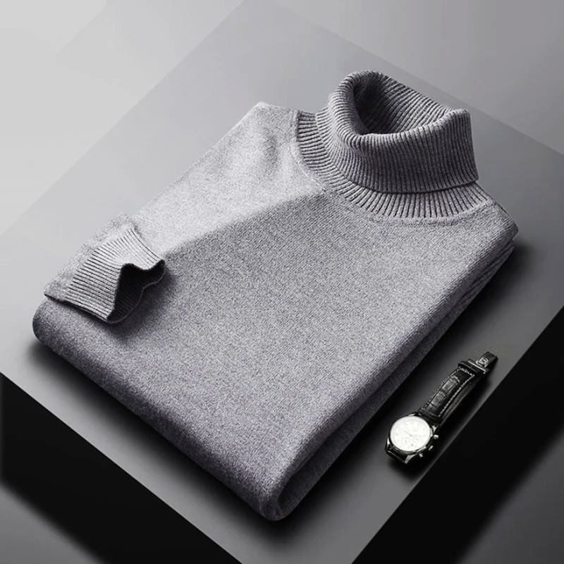 Herretrøje i uldblanding med rullekrave – Klassisk langærmet pullover med ribkant i ærmer og kant