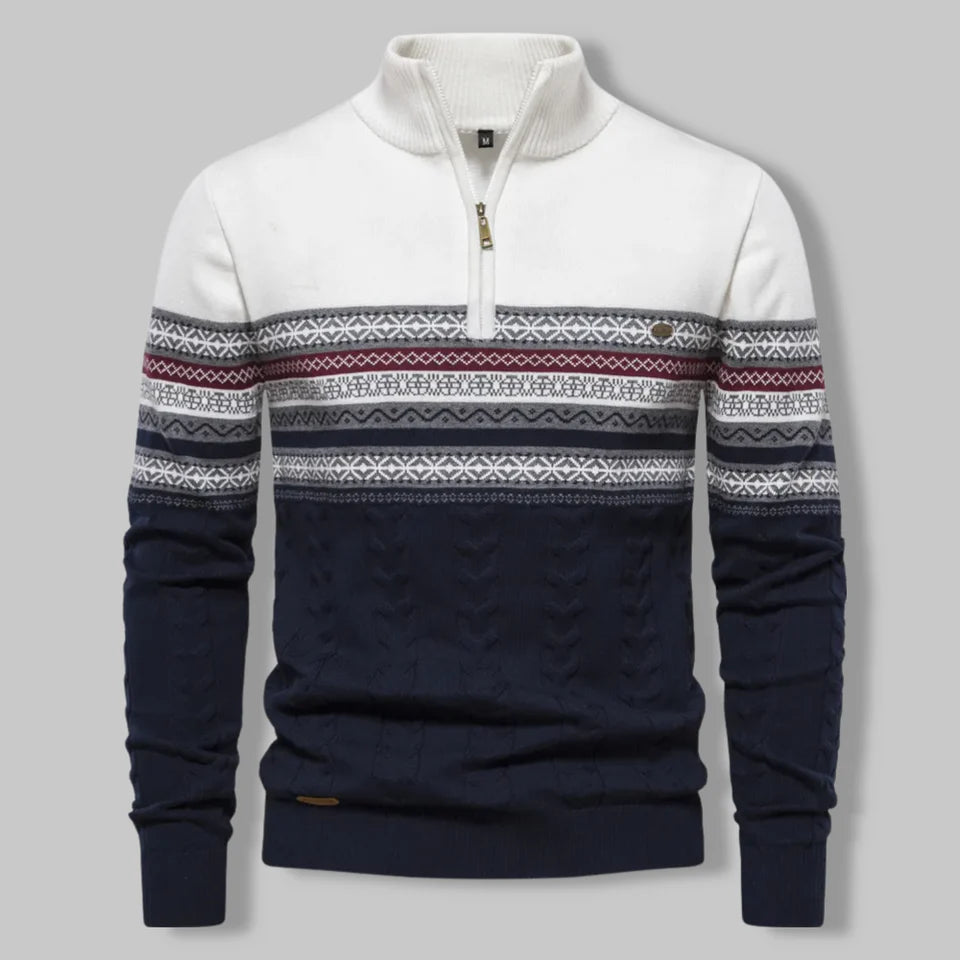 Oslo Quarter Zip Sweater til mænd – Nordisk inspireret slim fit kabelstrikdesign i tofarvet bomuldsblanding