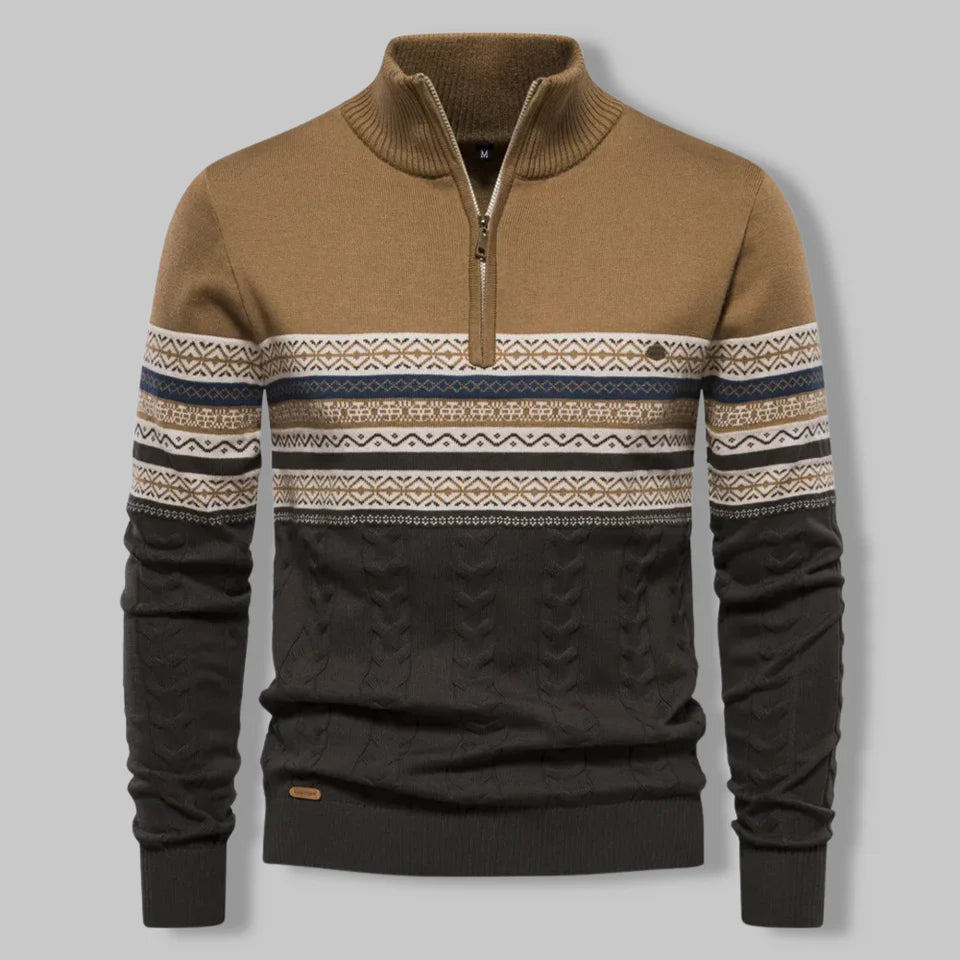 Oslo Quarter Zip Sweater til mænd – Nordisk inspireret slim fit kabelstrikdesign i tofarvet bomuldsblanding