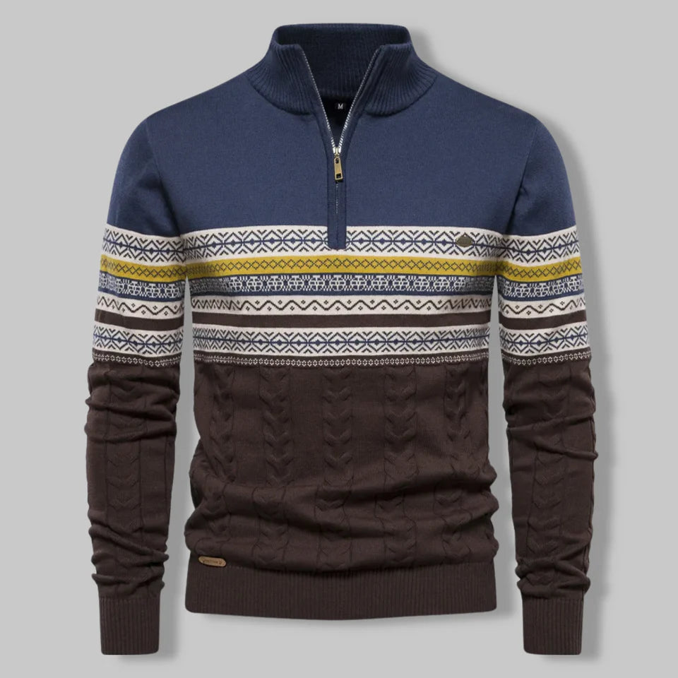 Oslo Quarter Zip Sweater til mænd – Nordisk inspireret slim fit kabelstrikdesign i tofarvet bomuldsblanding