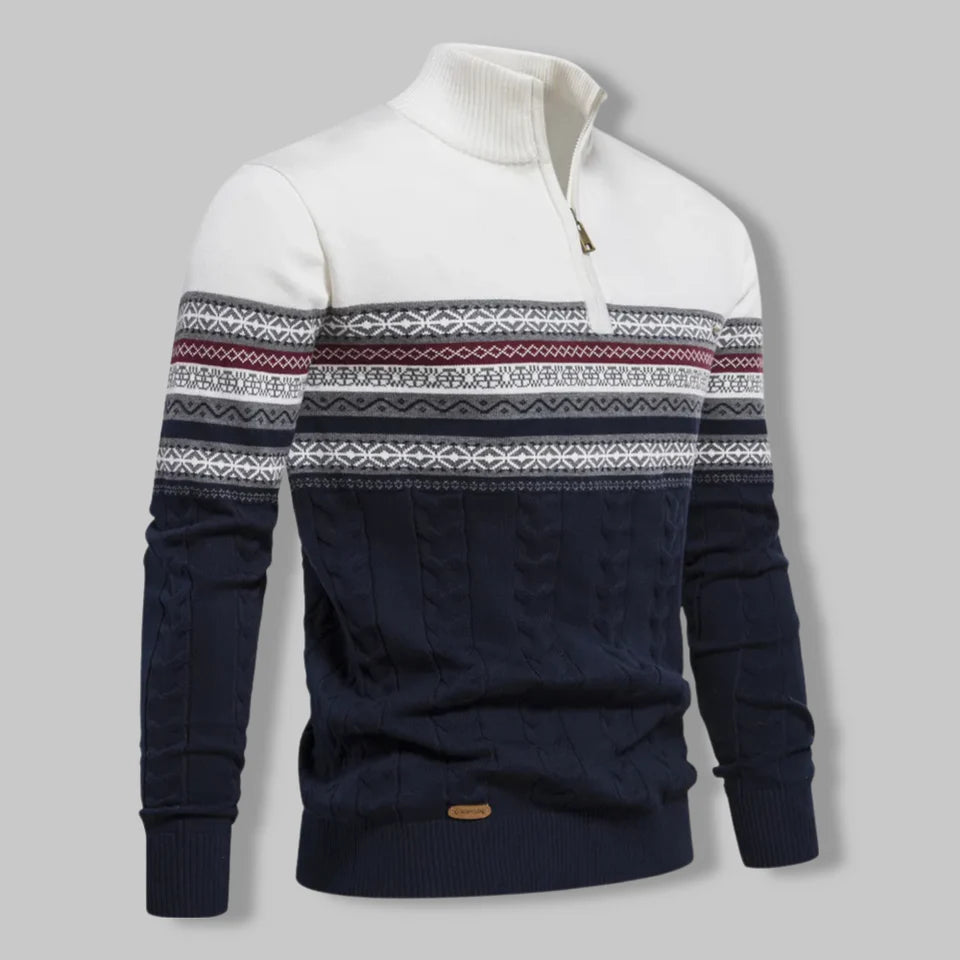 Oslo Quarter Zip Sweater til mænd – Nordisk inspireret slim fit kabelstrikdesign i tofarvet bomuldsblanding