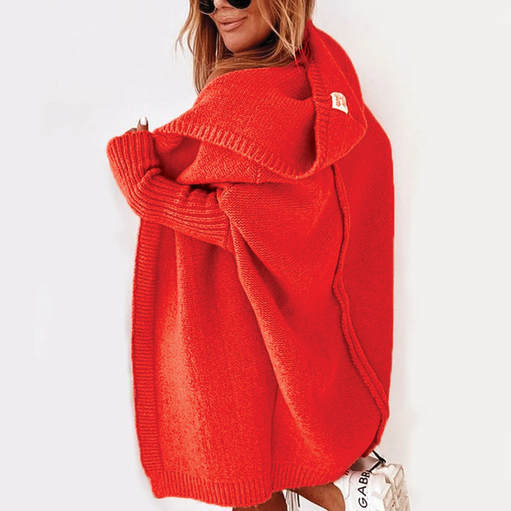 Oversized hættetrøje i strik til kvinder - Blød sort lang cardigan med ribbede manchetter og åbent design foran
