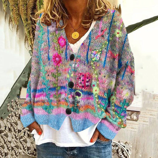 Bohemian Dream Cardigan til kvinder - Livlig flerfarvet V-hals sweater med knapper i blødt, strækbart stof
