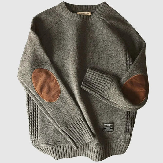 Boston Wool Haven sweater til mænd - Elegant rund hals med corduroy albuebeskyttere, varm uld-bomuldsblanding