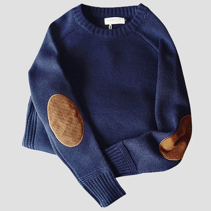 Boston Wool Haven sweater til mænd - Elegant rund hals med corduroy albuebeskyttere, varm uld-bomuldsblanding