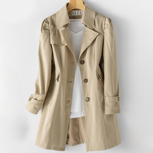 Elegant sort trenchcoat til kvinder – Premium bomulds- og polyblanding, stilfuld krave med revers, knaplukning, tidløst design