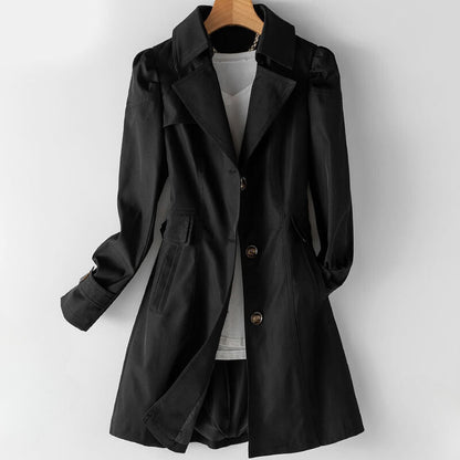 Elegant sort trenchcoat til kvinder – Premium bomulds- og polyblanding, stilfuld krave med revers, knaplukning, tidløst design