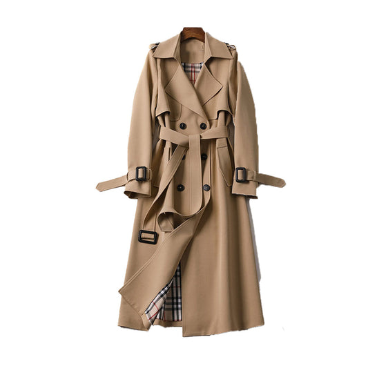 Elegant dobbeltradet trenchcoat til damer – Lang sort frakke til kvinder med justerbar taljebånd og premiumstof