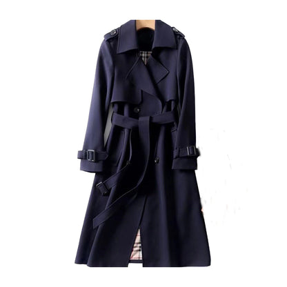 Elegant dobbeltradet trenchcoat til damer – Lang sort frakke til kvinder med justerbar taljebånd og premiumstof
