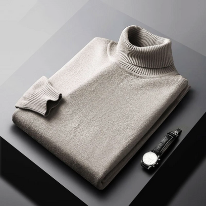 Herretrøje i uldblanding med rullekrave – Klassisk langærmet pullover med ribkant i ærmer og kant