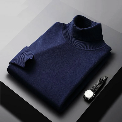 Herretrøje i uldblanding med rullekrave – Klassisk langærmet pullover med ribkant i ærmer og kant